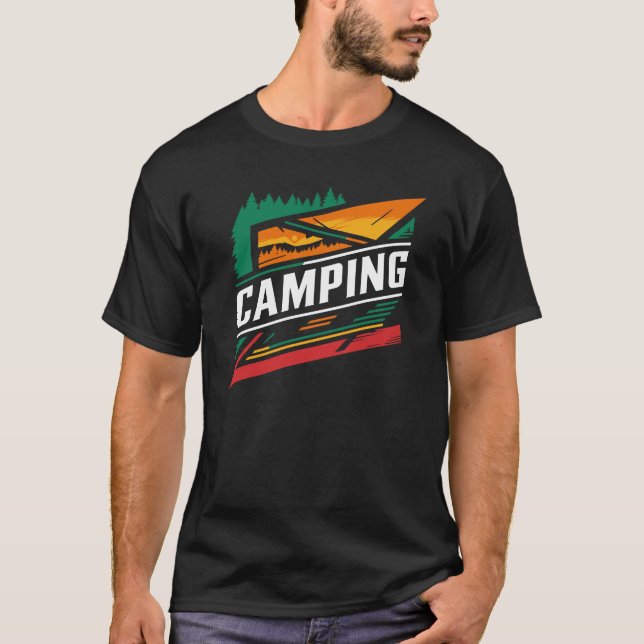 Camping-Design auf einem schwarzen T - Shirt (Vorderseite)