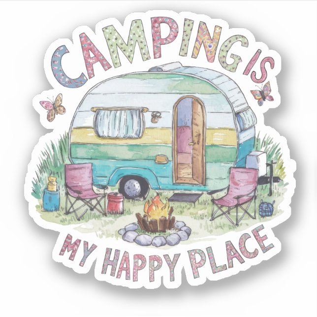 Camping est Mon Happy Place Vinyl Sticker (Devant)