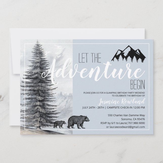 Camping Geburtstags-Erlebnis beginnt Einladung (Vorderseite)