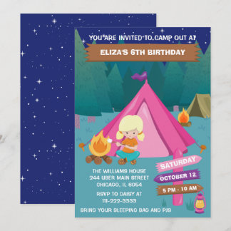 Camping Geburtstagsparty Blonde Hair Girl Invi Einladung
