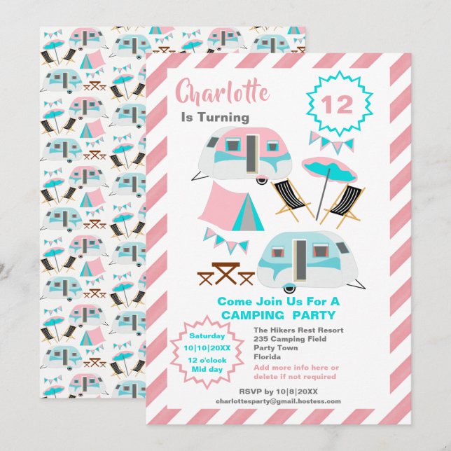 Camping Geburtstagsparty Niedlich Retro Stil  Einladung (Vorne/Hinten)