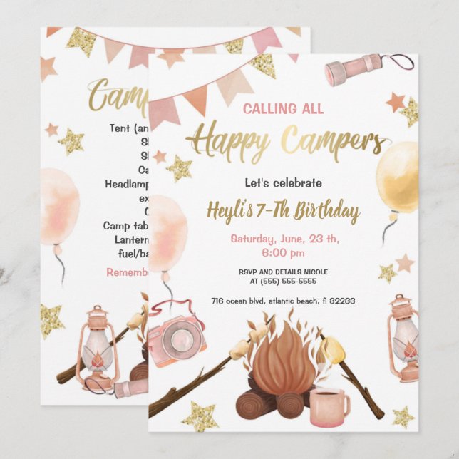 Camping Girl Birthday Bonfire Einladung (Vorne/Hinten)