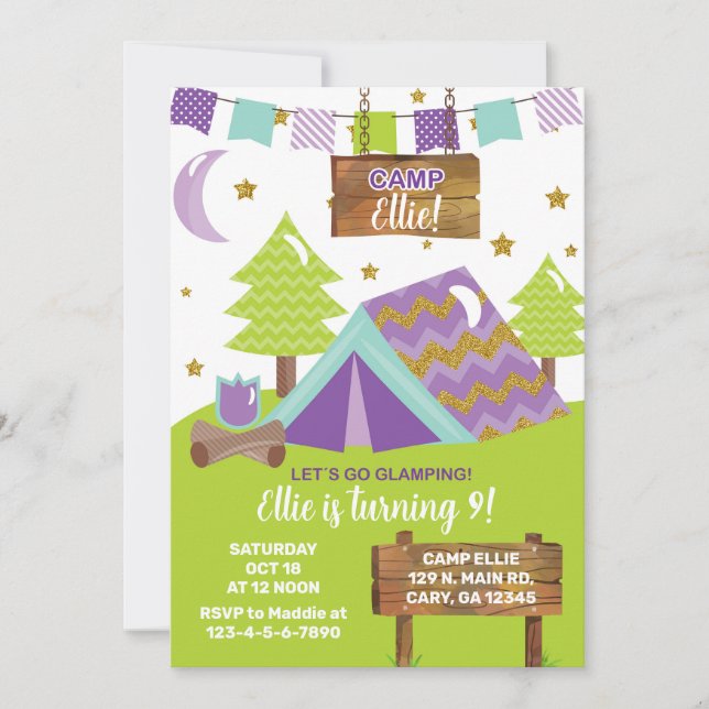 Camping glamping fille invitation anniversaire. in (Devant)