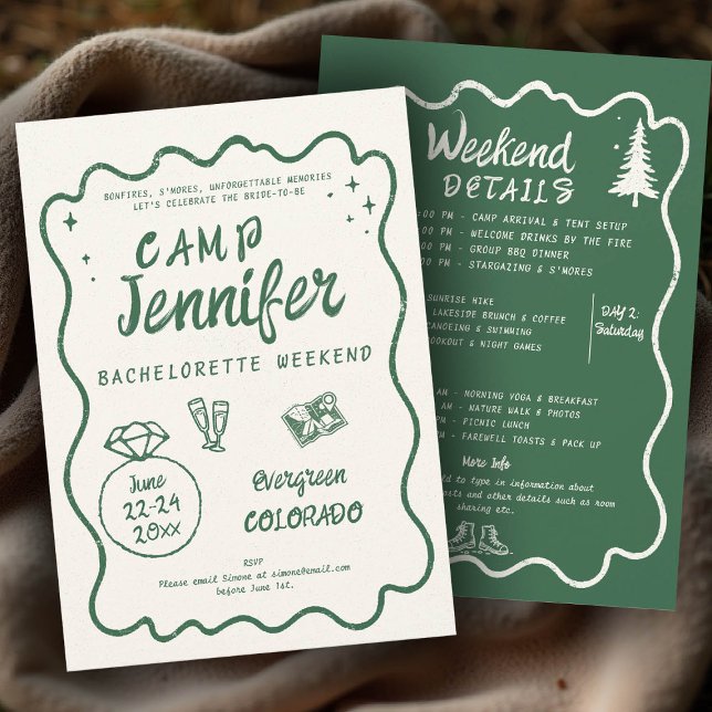 Camping Handgezeichneter grüner Bach-Junggeselinne Einladung (camp bachelorette invitation handwriting hand written camping glamping hiking itinerary bach green)