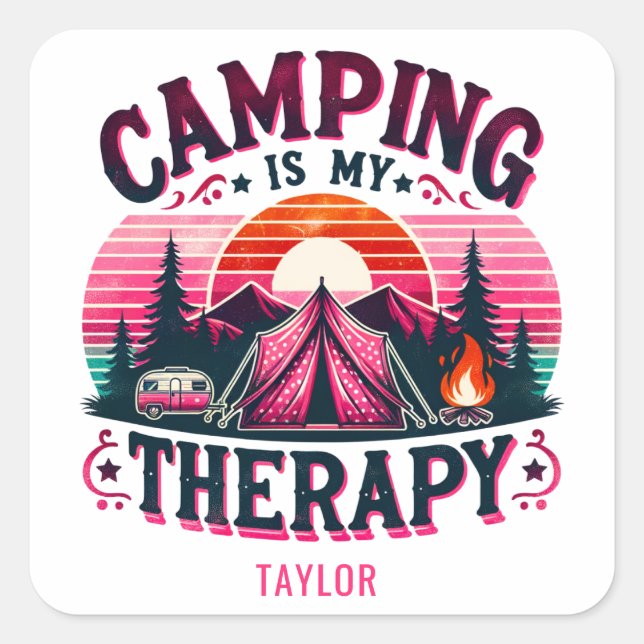 Camping ist meine Therapie Quadratischer Aufkleber (Vorderseite)