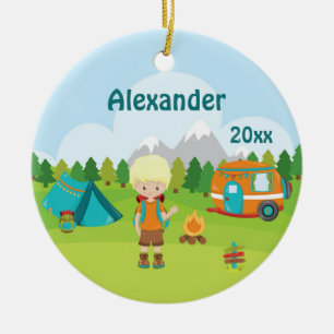 Camping-Jungen-Feuer-Camper-Zelt-Rucksack Blond Keramik Ornament