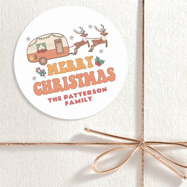 Camping Merry Christmas Reindeer Personalized Name Runder Aufkleber (Von Creator hochgeladen)