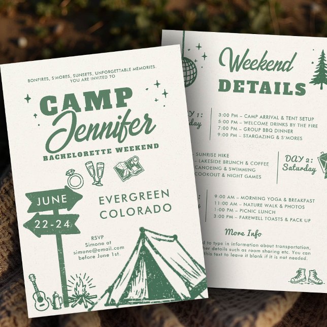 Camping Mountains Camp Grüner Junggeselinnen-Absch Einladung (camp bachelorette invitation itinerary camping glamping hiking nature bach modern hand drawn)
