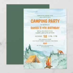 Camping Party Woodland Watercolor Zelt Geburtstag Einladung