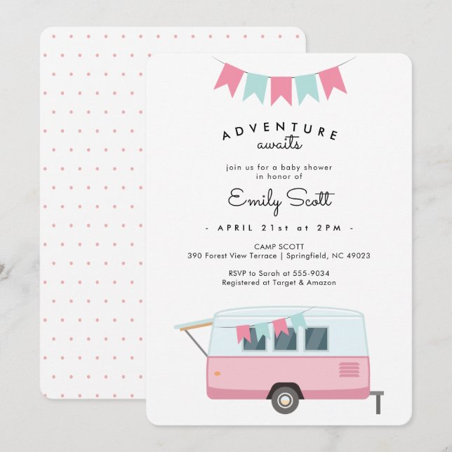 Camping Pink Adventure erwartet Baby Shower Einladung (Vorne/Hinten)