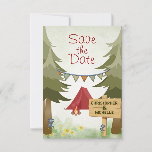 Camping Red Tent Woodland Wedding Save The Date (Vorderseite)