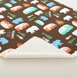 Camping Retro Camper Bear Fleece Sherpa - Braun Sherpadecke