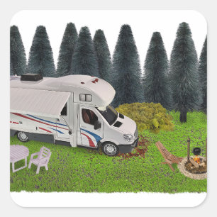Camping RV im Forest Camping Spot Quadratischer Aufkleber