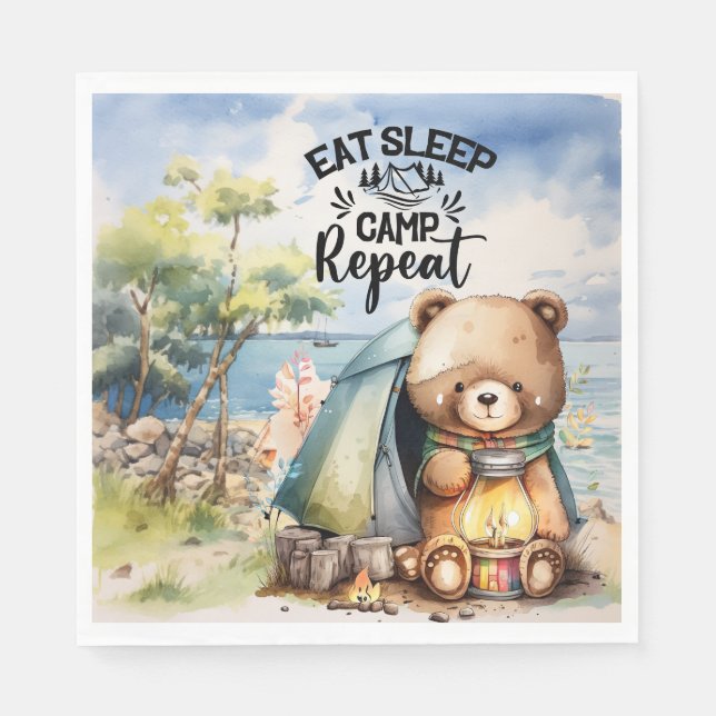 Camping Teddy Bär Camper essen Schlaf wiederholen Serviette (Vorderseite)