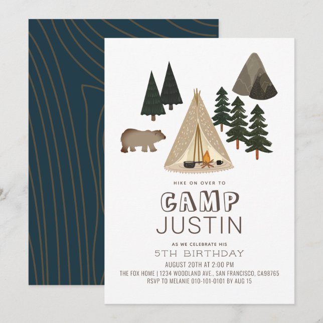 Camping Tente Bear Boy Invitation Anniversaire (Devant / Derrière)