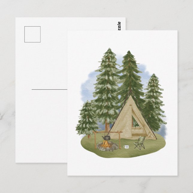 Camping Thema Feuer, Zelt, Wald, Bäume Postkarte (Vorne/Hinten)