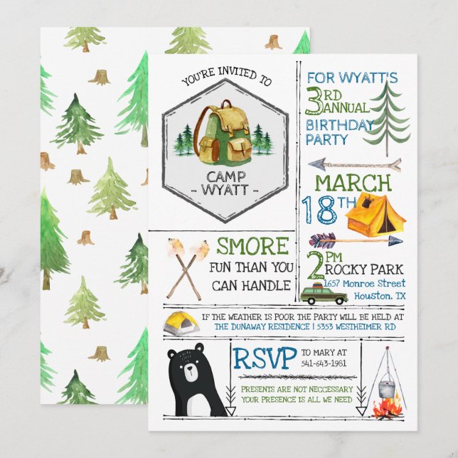 Camping Themed Party - Abzeichen & Icons Einladung (Vorne/Hinten)