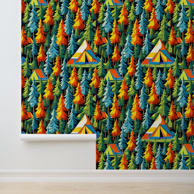 Camping Themed Tents and Pine Trees Tapete (Anwendung)