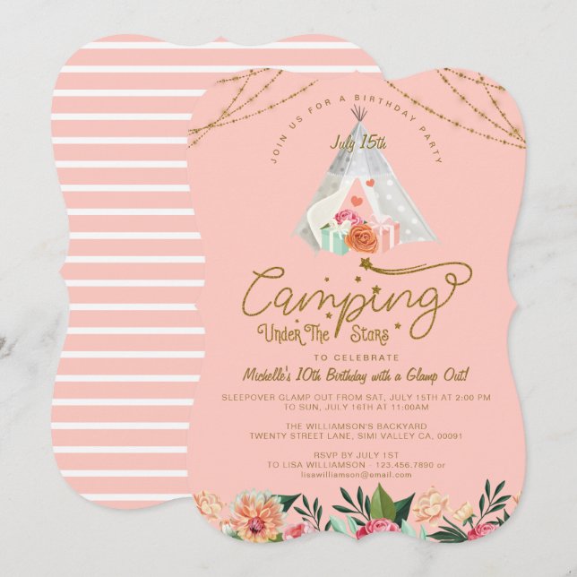 Camping unter den Sternen Tepee Pink & Gold Campin Einladung (Vorne/Hinten)