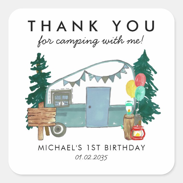 Camping Van Trees Kindergeburtstag Vielen Dank Quadratischer Aufkleber (Vorderseite)