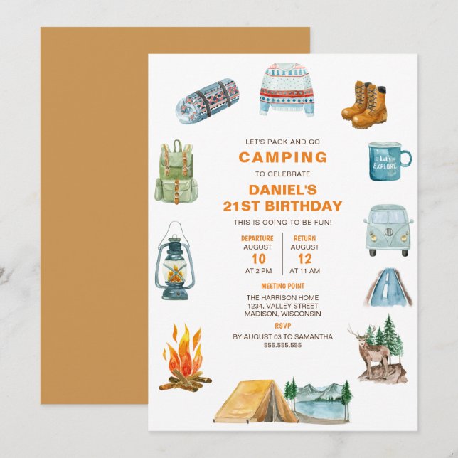 Camping Wasserfarbencampout Im Freien Geburtstag Einladung (Vorne/Hinten)