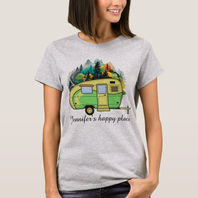 Camping, Wohnwagen, Wald, glücklicher Ort T-Shirt (Vorderseite)