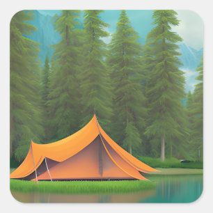 Camping Zelt am See und an den Bergen Quadratischer Aufkleber
