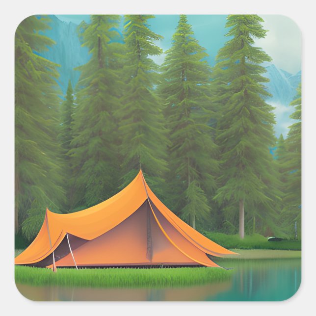 Camping | Zelt am See und an den Bergen Quadratischer Aufkleber (Vorderseite)