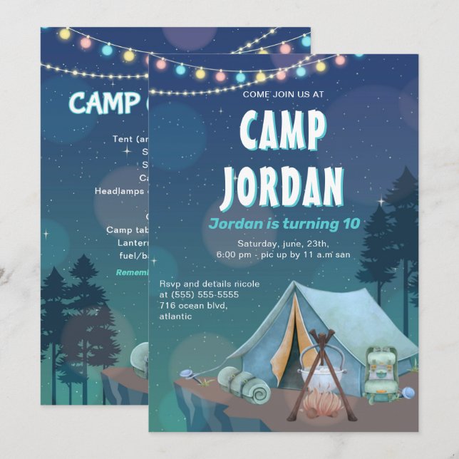 Camping Zelt Bonfire Boy Geburtstagseinladung Einladung (Vorne/Hinten)
