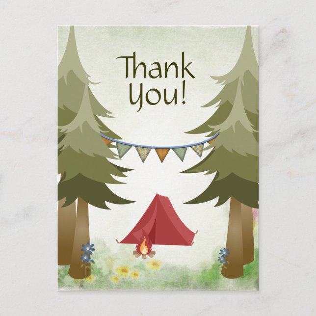 Camping Zelt Campfire Trees Woodland Vielen Dank Postkarte (Vorderseite)