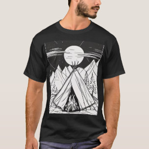 Camping-Zelt-Lagerfeuer-Linienkunst Minimalistisch T-Shirt