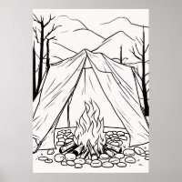 Camping-Zelt-Lagerfeuer-Linienkunst-T-Shirt Outdoo