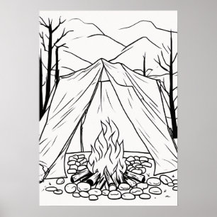 Camping-Zelt-Lagerfeuer-Linienkunst-T-Shirt Outdoo Poster