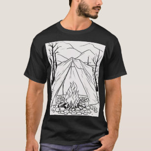Camping-Zelt-Lagerfeuer-Linienkunst-T-Shirt Outdoo T-Shirt