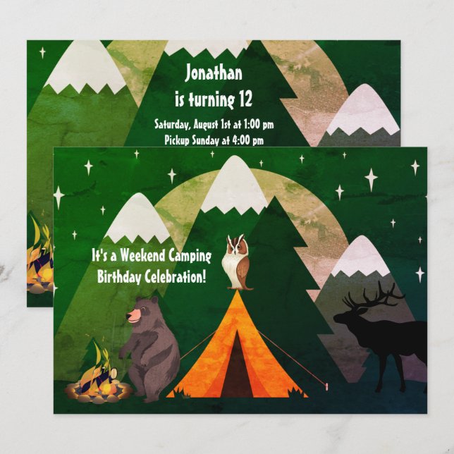 Camping Zeltwaldtiere und Berge Geburtstag Einladung (Vorne/Hinten)