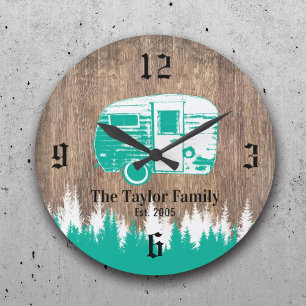 Campinganhänger Happy Campers Familienname Holz Große Wanduhr