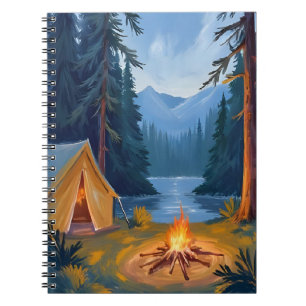 Campingausflug Wald Lagerfeuer Zelt Aquarell Notizblock