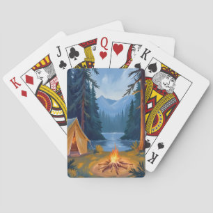 Campingausflug Wald Lagerfeuer Zelt Aquarell Spielkarten