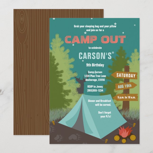 Campings-Geburtstag kampieren heraus Einladung (Vorne/Hinten)