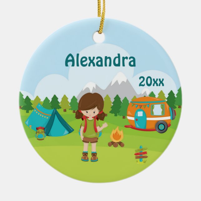 Campings-Mädchen-Feuer-Camper-Zelt-Rucksack Brown Keramik Ornament (Vorne)
