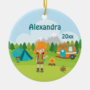 Campings-Mädchen-Feuer-Camper-Zelt-Rucksack-Rot Keramik Ornament