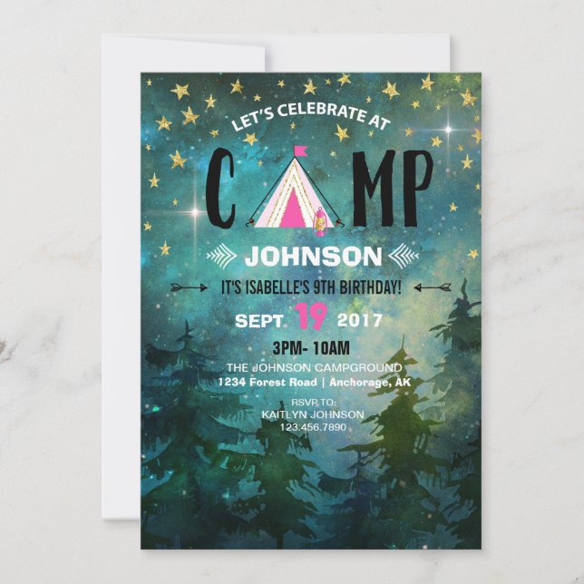 Campings-Nachtzeit-Waldwildnis-Geburtstag Einladung (Vorderseite)