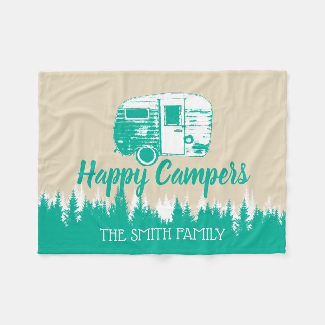 Campings-Spaß-glücklicher Lagerbewohner-rustikaler Fleecedecke (Vorderseite (Horizontal))