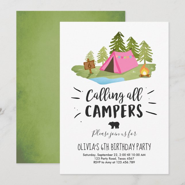 Campings-Zelt-Einladungs-Geburtstag kampieren Einladung (Vorne/Hinten)