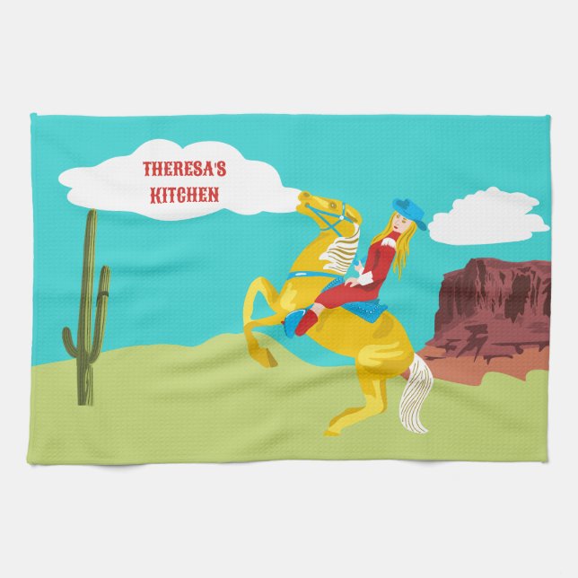 Campy Western Cowgirl auf Pferd Personalisiert Geschirrtuch (Horizontal)
