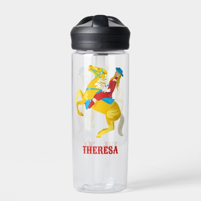 Campy Western Cowgirl auf Pferd Personalisiert Trinkflasche (Vorderseite)