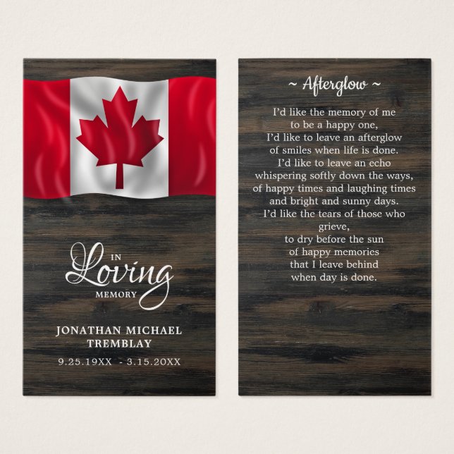 Canada Flag Beileid Memorial Funerary Prayer Card (Vorne & Hinten)