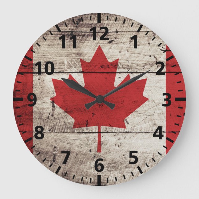 Canada Flag on Old Wood Grain Große Wanduhr (Vorderseite)