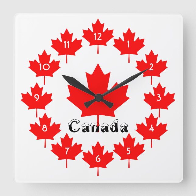 Canada Red Maple Leaf Pattern w Snow Fun Canadian Quadratische Wanduhr (Vorderseite)