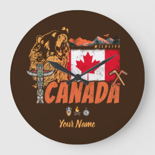 Canada vintage flag and grizzly bear souvenir große wanduhr